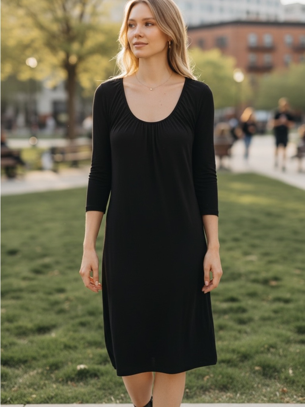 Neiman Marcus Black Scoop-Neck Midi Dress with Three-Quarter Sleeves - Picture 2 of 7